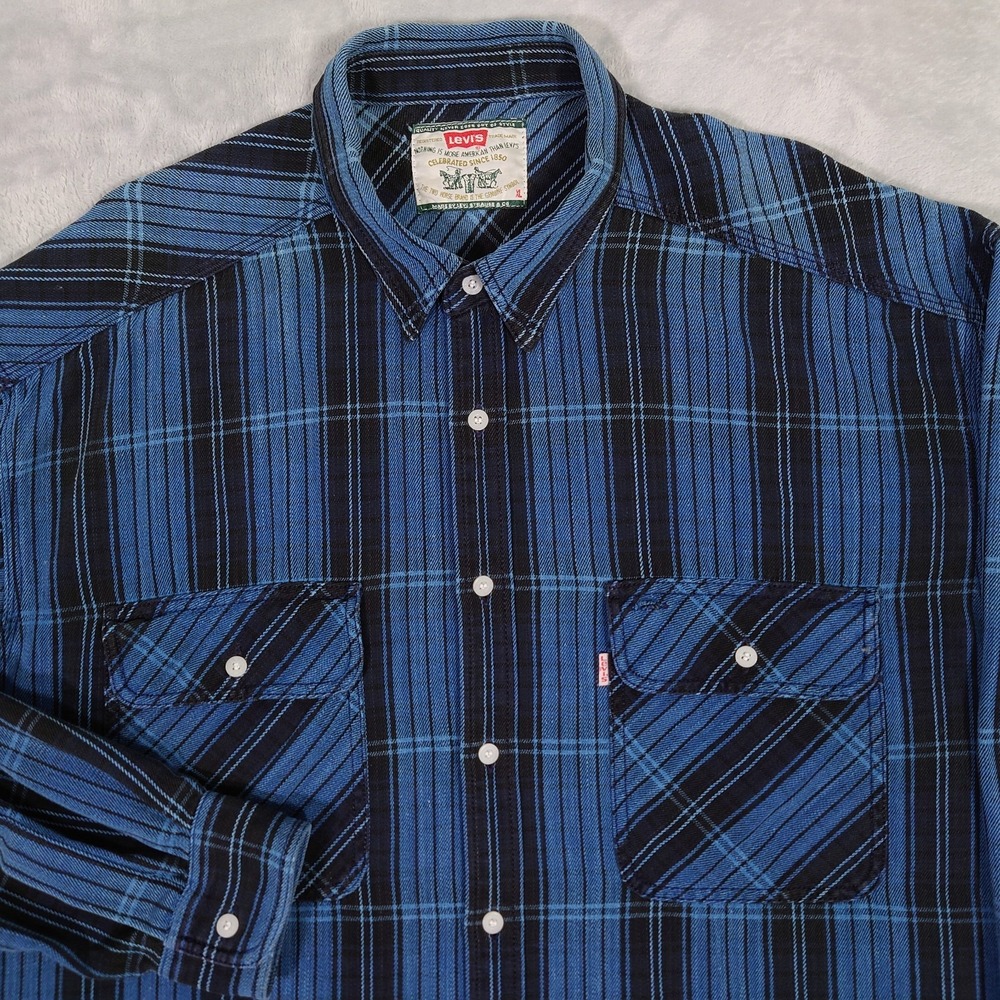 Vintage 80s Levis Work Shirt Men XL Indigo Plaid Heavy Twill Button Up Overshirt